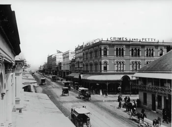 Framed Print : Corner Queen and Albert Street, Brisbane, 1886 (showing Grimes and Petty Clothing / Drapery Store). Creator: Unknown Framed Print : Corner Queen and Albert Street, Brisbane, 1886 (showing Grimes and Petty Clothing / Drapery Store). Creator: Unknown