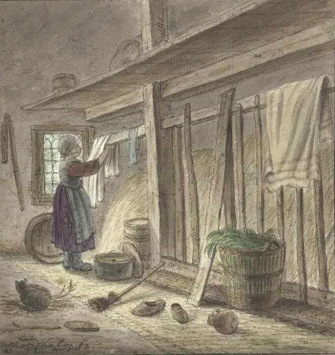 Framed Print : Corner of a stable with a girl hanging a cloth, 1772. Creator: Christina Chalon Framed Print : Corner of a stable with a girl hanging a cloth, 1772. Creator: Christina Chalon