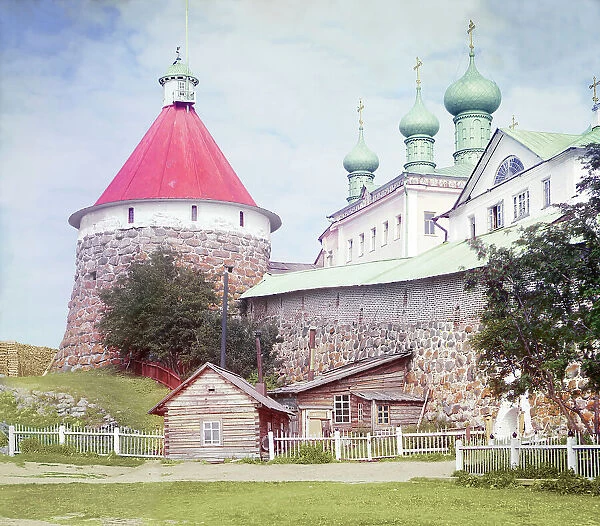 Corner tower of the Trinity Cathedral in the Solovetsky Monastery, Solovetski Islands, 1915. Creator: Sergey Mikhaylovich Prokudin-Gorsky