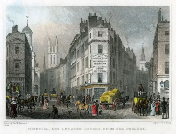 Framed Print : Cornhill and Lombard Street from Poultry, City of London, 1830. Artist:s Lacey Framed Print : Cornhill and Lombard Street from Poultry, City of London, 1830. Artist:s Lacey