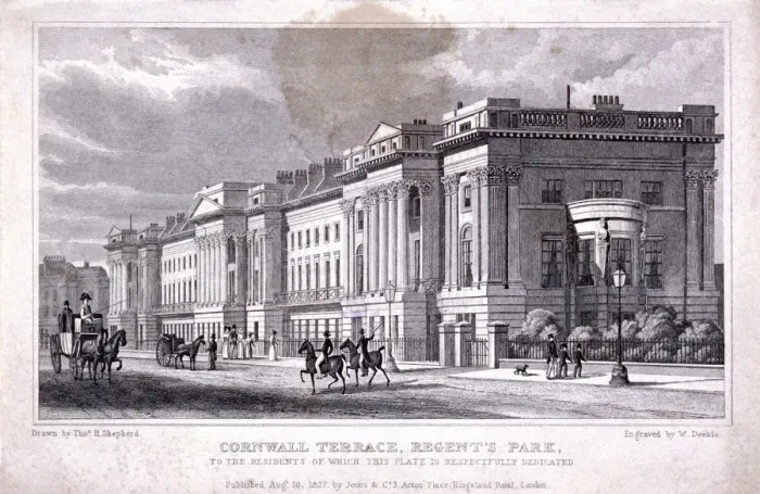 Framed Print : Cornwall Terrace, Regents Park, Marylebone, London, 1827. Artist: William Deeble Framed Print : Cornwall Terrace, Regents Park, Marylebone, London, 1827. Artist: William Deeble