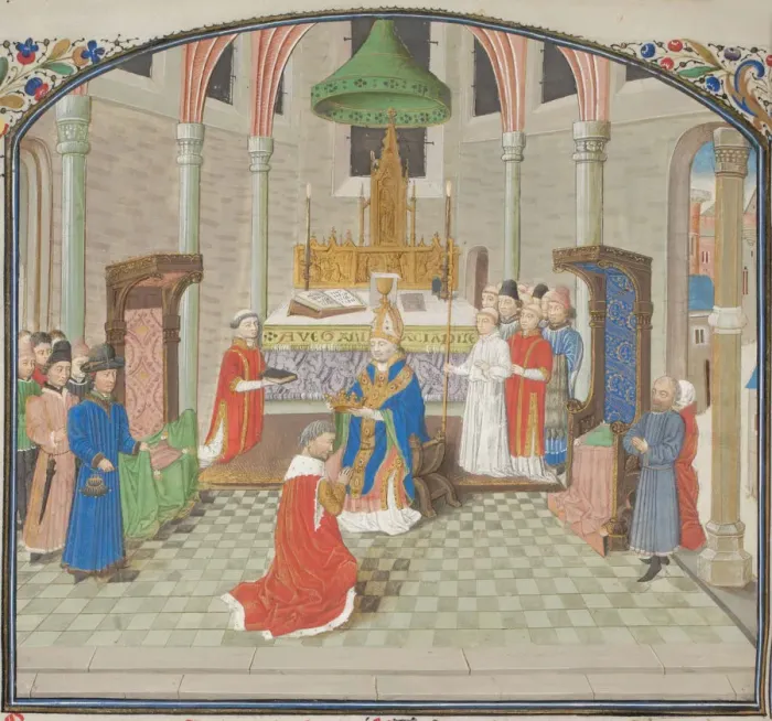 Framed Print : The coronation of Baldwin I on Christmas Day 1100. Miniature from the Historia by William of Tyre, 1460s. Artist: Anonymous Framed Print : The coronation of Baldwin I on Christmas Day 1100. Miniature from the Historia by William of Tyre, 1460s. Artist: Anonymous