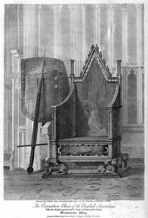 Framed Print : The coronation chair of the English sovereigns, Westminster Abbey, London, 1810. Artist: John Roffe Framed Print : The coronation chair of the English sovereigns, Westminster Abbey, London, 1810. Artist: John Roffe