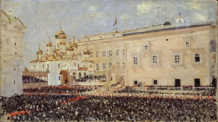 Framed Print : The Coronation of the Emperor Alexander III in the Moscow Kremlin on 15th May 1883, 1883. Artist: Vereshchagin, Vasili Vasilyevich (1842-1904) Framed Print : The Coronation of the Emperor Alexander III in the Moscow Kremlin on 15th May 1883, 1883. Artist: Vereshchagin, Vasili Vasilyevich (1842-1904)