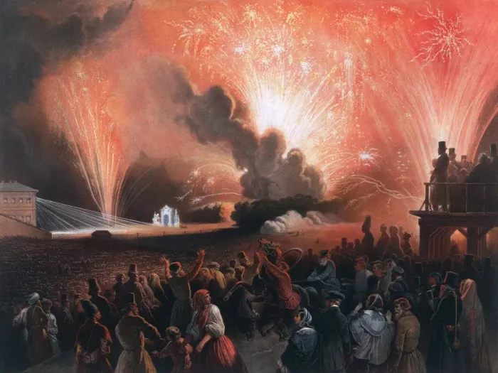 Framed Print : Coronation fireworks in Moscow, 1856. Artist: Pharamond Blanchard Framed Print : Coronation fireworks in Moscow, 1856. Artist: Pharamond Blanchard