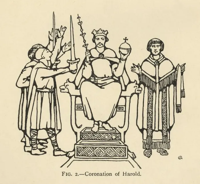 Framed Print : Coronation of Harold, (1931). Artist: Charles Henry Bourne Quennell Framed Print : Coronation of Harold, (1931). Artist: Charles Henry Bourne Quennell