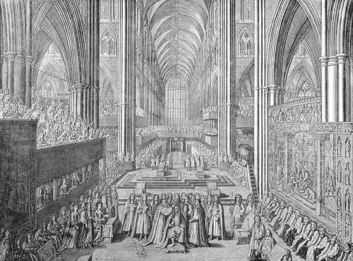 Framed Print : The Coronation of James II in Westminster Abbey, London, 1685 (1903). Artist: William Sherwin