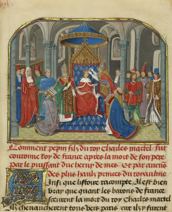 Framed Print : The Coronation of Pepin, written 1463-1465; illuminated 1467-1472. Creators: Loyset Liedet, Pol Fruit Framed Print : The Coronation of Pepin, written 1463-1465; illuminated 1467-1472. Creators: Loyset Liedet, Pol Fruit