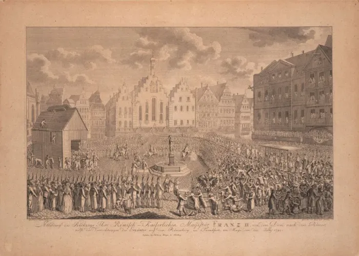 Framed Print : The coronation procession of Francis II from the Frankfurt Cathedral to Romerberg in July 1792. Artist: Gabler, Ambrosius (1762-1834) Framed Print : The coronation procession of Francis II from the Frankfurt Cathedral to Romerberg in July 1792. Artist: Gabler, Ambrosius (1762-1834)