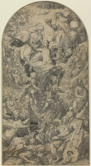 Framed Print : The Coronation of the Virgin with Angel Musicians and All Saints, c. 1590. Creator: Master J.N Framed Print : The Coronation of the Virgin with Angel Musicians and All Saints, c. 1590. Creator: Master J.N