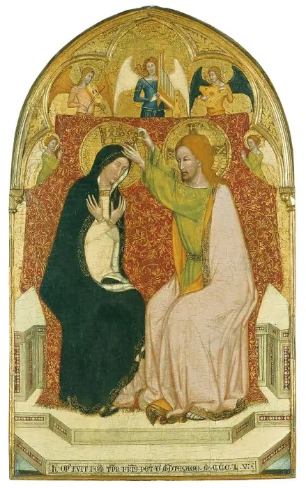 Framed Print : The Coronation of the Virgin with five Angels, 1355. Creator: Master of 1355 Framed Print : The Coronation of the Virgin with five Angels, 1355. Creator: Master of 1355