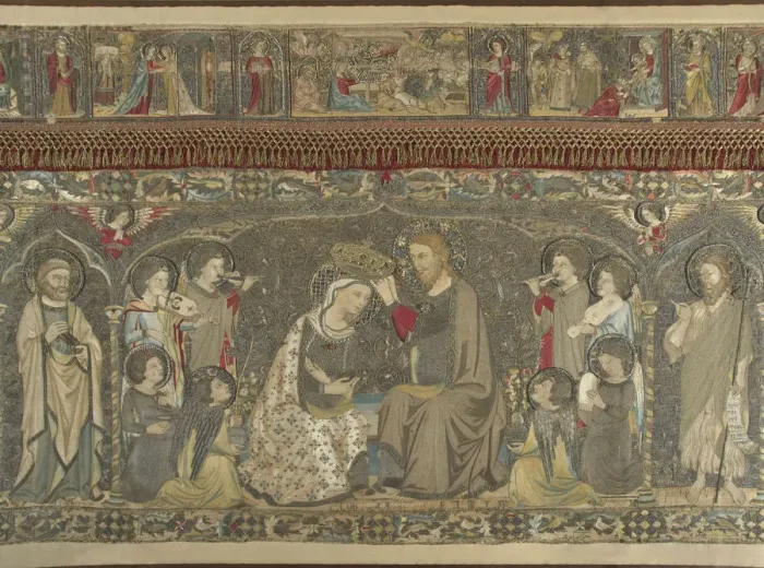 Framed Print : The Coronation of the Virgin between eight Angels and fourteen Saints (Ecclesiastical embroidery), 1 Artist: Cambi, Jacopo (active ca 1336) Framed Print : The Coronation of the Virgin between eight Angels and fourteen Saints (Ecclesiastical embroidery), 1 Artist: Cambi, Jacopo (active ca 1336)