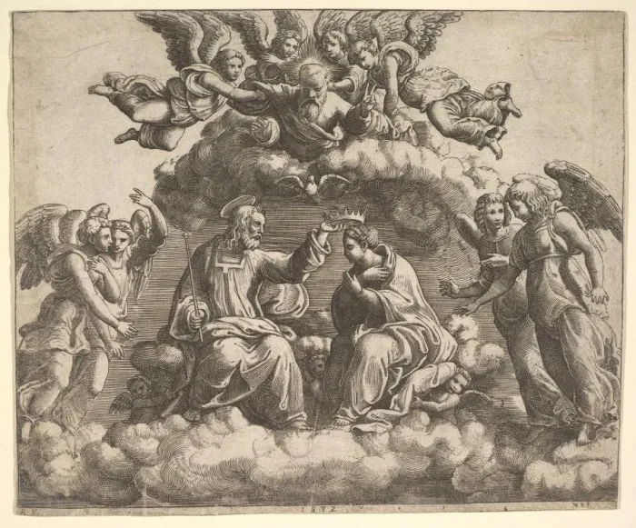 Framed Print : The coronation of the Virgin, Christ holding the crown over her head Framed Print : The coronation of the Virgin, Christ holding the crown over her head