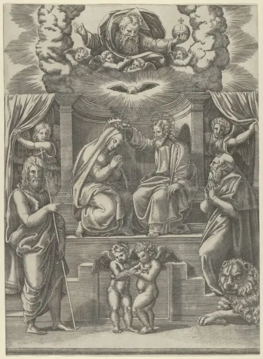 Framed Print : The coronation of the Virgin, God the Father above, St Jerome lower right and St John t... 1530-60. Creator: Master of the Die Framed Print : The coronation of the Virgin, God the Father above, St Jerome lower right and St John t... 1530-60. Creator: Master of the Die