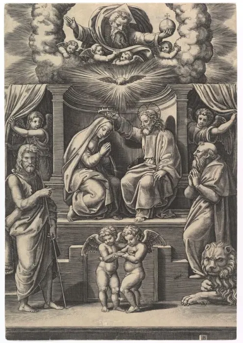 Framed Print : The Coronation of the Virgin, at lower left stands St John the Baptist, at lower right Framed Print : The Coronation of the Virgin, at lower left stands St John the Baptist, at lower right