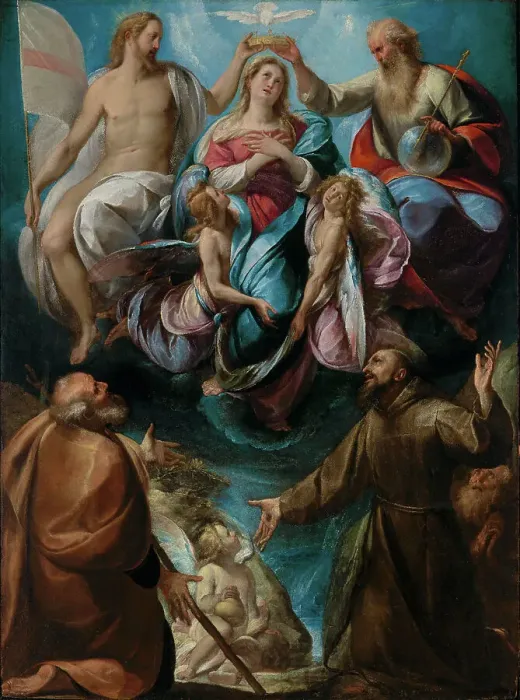Framed Print : The Coronation of the Virgin with Saints Joseph and Francis, about 1605. Creator: Giulio Cesare Procaccini Framed Print : The Coronation of the Virgin with Saints Joseph and Francis, about 1605. Creator: Giulio Cesare Procaccini