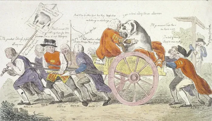 Framed Print : The Corporation hogs journey to Smithfield in stile or aldermen turned pig show men Framed Print : The Corporation hogs journey to Smithfield in stile or aldermen turned pig show men