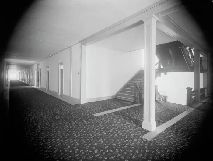 Framed Print : Corridors, Hotel Victory, Put-in-Bay, between 1880 and 1899. Creator: Unknown Framed Print : Corridors, Hotel Victory, Put-in-Bay, between 1880 and 1899. Creator: Unknown
