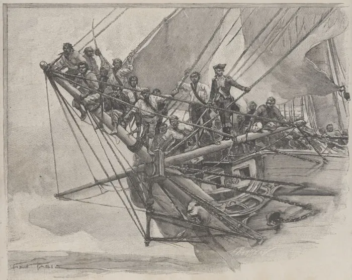 Framed Print : Corsairs of the Caribbean Sea, prepared for boarding a ship, engraving from 1860 Framed Print : Corsairs of the Caribbean Sea, prepared for boarding a ship, engraving from 1860