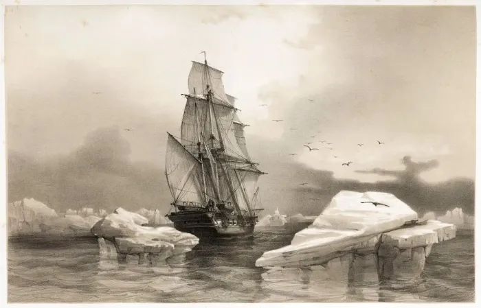 Framed Print : Corvettte La Recherche near Bear Island on 7th August, 1838, from Voyages en Scandinavie, 1852