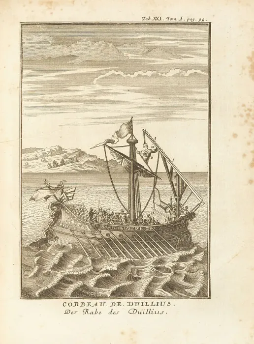 Framed Print : Corvus (boarding drawbridge) of Gaius Duilius. Illustration from The Histories by Polybius, 1759-60. Creator: Anonymous ()
