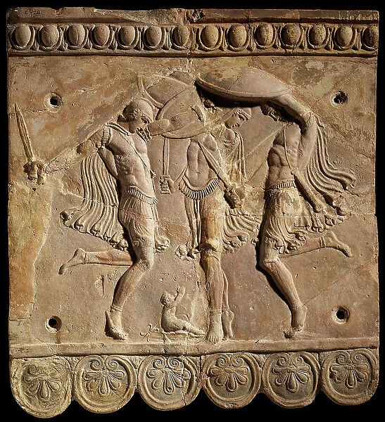 Corybantian dance. Terracotta Campana relief: three Curetes with swords and shields..., 50 BC-100. Creator: Classical Antiquities