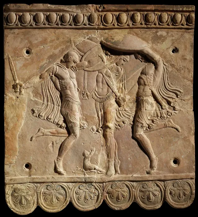 Framed Print : Corybantian dance. Terracotta Campana relief: three Curetes with swords and shields... 50 BC-100. Creator: Classical Antiquities Framed Print : Corybantian dance. Terracotta Campana relief: three Curetes with swords and shields... 50 BC-100. Creator: Classical Antiquities