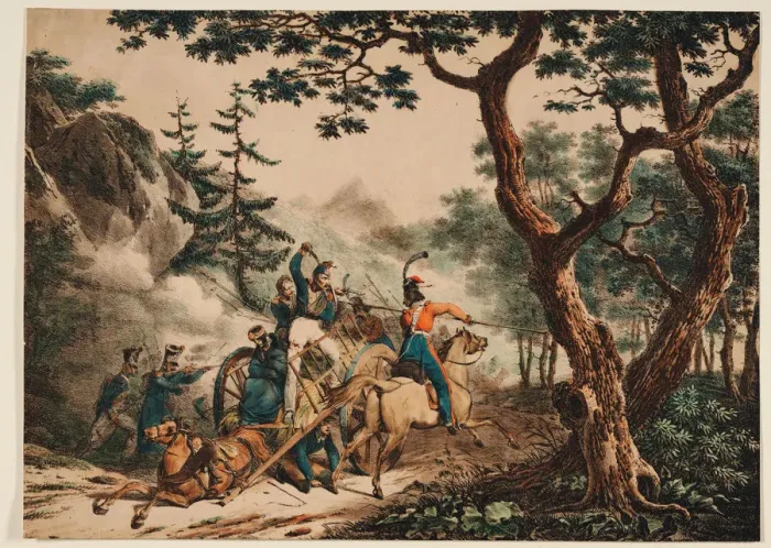 Framed Print : Cossacks attacking French soldiers in a forest, 1825. Artist: Anonymous Framed Print : Cossacks attacking French soldiers in a forest, 1825. Artist: Anonymous