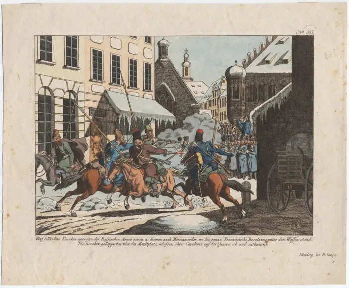 Framed Print : Five Cossacks entered Marienwerder. Artist: Campe, August Friedrich Andreas (1777-1846) Framed Print : Five Cossacks entered Marienwerder. Artist: Campe, August Friedrich Andreas (1777-1846)