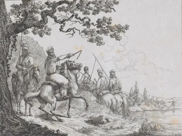 Framed Print : Cossacks riding along a riverbank, 1814. Creator: Friedrich August de La Belle Framed Print : Cossacks riding along a riverbank, 1814. Creator: Friedrich August de La Belle