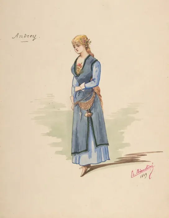 Framed Print : Costume Design for Andrey [a]; Descriptive sheet of Accessories [b], 1889