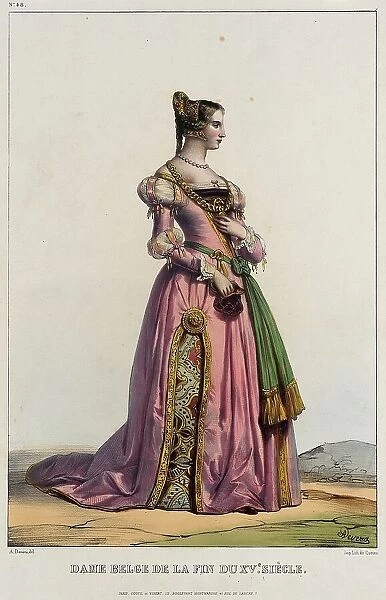 Costume Plate: Dame Belgede la Fin du Xve. Siecle, No. 48, c1850. Creator: Unknown