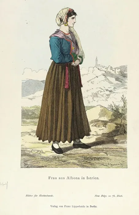 Framed Print : Costume Plate (Frau aus Albona in Istrien), 19th century. Creator: Unknown Framed Print : Costume Plate (Frau aus Albona in Istrien), 19th century. Creator: Unknown