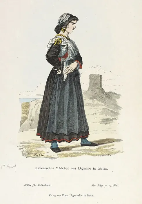 Framed Print : Costume Plate (Italienisches Madchen aus Dignano in Istrien), 19th century. Creator: Unknown Framed Print : Costume Plate (Italienisches Madchen aus Dignano in Istrien), 19th century. Creator: Unknown