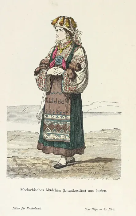 Framed Print : Costume Plate (Morlachisches Mädchen (Brautkostüm) aus Istrien), 19th century. Creator: Unknown Framed Print : Costume Plate (Morlachisches Mädchen (Brautkostüm) aus Istrien), 19th century. Creator: Unknown