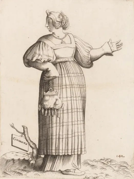 Framed Print : Costume Plate: Woman from Germany, ca. 1558-70. Creator: Unknown Framed Print : Costume Plate: Woman from Germany, ca. 1558-70. Creator: Unknown