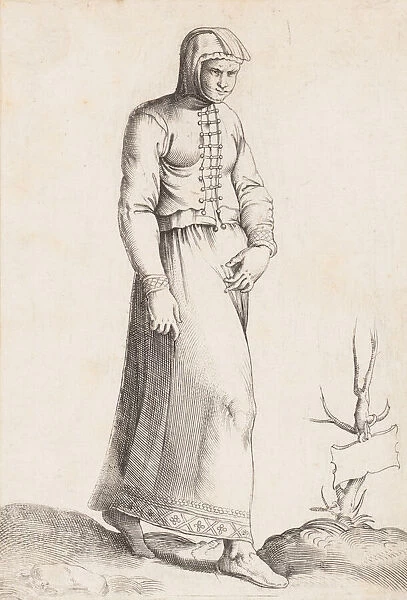 Costume Plate: Woman with Hooded Garment, ca. 1557-58. Creator: Enea Vico