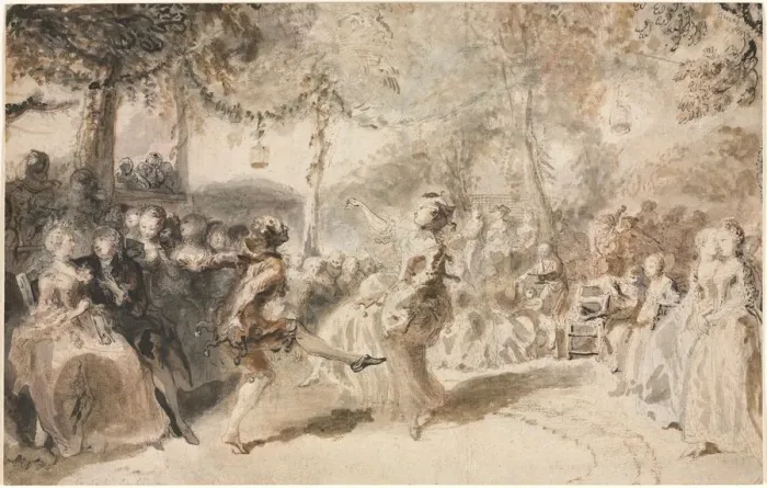 Framed Print : Costumed Dancers Performing in a Garden Tavern, 1756. Creator: Augustin de Saint-Aubin (French Framed Print : Costumed Dancers Performing in a Garden Tavern, 1756. Creator: Augustin de Saint-Aubin (French