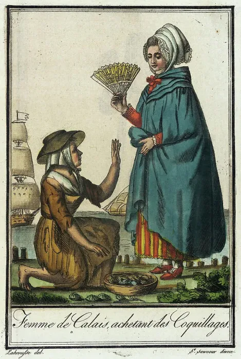Framed Print : Costumes de Différent Pays, Femme de Calais, Achetant des Coquillages, c1797. Creators: Jacques Grasset de Saint-Sauveur, LF Labrousse Framed Print : Costumes de Différent Pays, Femme de Calais, Achetant des Coquillages, c1797. Creators: Jacques Grasset de Saint-Sauveur, LF Labrousse