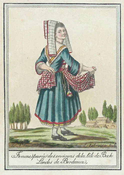 Framed Print : Costumes de Différent Pays, Femme Parée des Environs de la Tête de Buch Landes de Bordeaux, c1797. Creators: Jacques Grasset de Saint-Sauveur, LF Labrousse Framed Print : Costumes de Différent Pays, Femme Parée des Environs de la Tête de Buch Landes de Bordeaux, c1797. Creators: Jacques Grasset de Saint-Sauveur, LF Labrousse