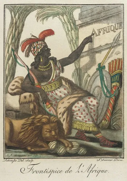 Framed Print : Costumes de Différent Pays, Frontispice de l'Afrique, c1797. Creator: Jacques Grasset de Saint-Sauveur Framed Print : Costumes de Différent Pays, Frontispice de l'Afrique, c1797. Creator: Jacques Grasset de Saint-Sauveur