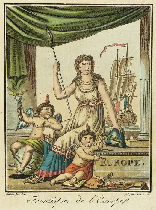 Framed Print : Costumes de Différent Pays, Frontispice de l'Europe, c1797. Creators: Jacques Grasset de Saint-Sauveur, LF Labrousse Framed Print : Costumes de Différent Pays, Frontispice de l'Europe, c1797. Creators: Jacques Grasset de Saint-Sauveur, LF Labrousse
