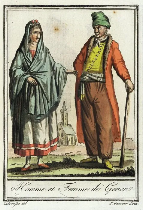 Framed Print : Costumes de Différent Pays, Homme et Femme de Genea, c1797. Creator: Jacques Grasset de Saint-Sauveur Framed Print : Costumes de Différent Pays, Homme et Femme de Genea, c1797. Creator: Jacques Grasset de Saint-Sauveur