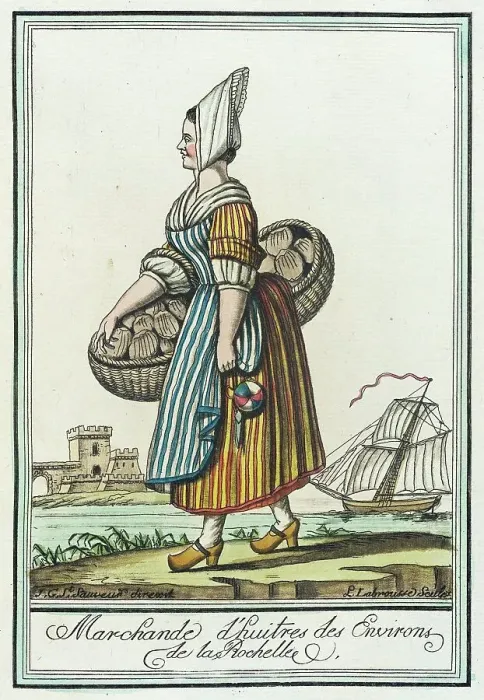 Framed Print : Costumes de Différent Pays, Marchande d'huitres des Environs de la Rochelle, c1797. Creator: Jacques Grasset de Saint-Sauveur Framed Print : Costumes de Différent Pays, Marchande d'huitres des Environs de la Rochelle, c1797. Creator: Jacques Grasset de Saint-Sauveur