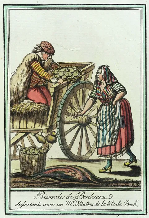 Framed Print : Costumes de Différent Pays, Poissarde de Bordeaux disputant avec un Md. l'huitres de la... c1797. Creators: Jacques Grasset de Saint-Sauveur, LF Labrousse Framed Print : Costumes de Différent Pays, Poissarde de Bordeaux disputant avec un Md. l'huitres de la... c1797. Creators: Jacques Grasset de Saint-Sauveur, LF Labrousse