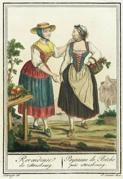 Framed Print : Costumes de Différent Pays, Revendeuse de Strasbourg / Paysanne de Bitche près Strasbourg, c1797. Creators: Jacques Grasset de Saint-Sauveur, LF Labrousse Framed Print : Costumes de Différent Pays, Revendeuse de Strasbourg / Paysanne de Bitche près Strasbourg, c1797. Creators: Jacques Grasset de Saint-Sauveur, LF Labrousse