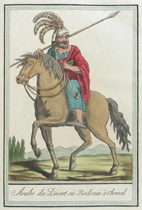 Framed Print : Costumes de Différents Pays, Arabe du Désert où Bedouin à Cheval, c1797. Creator: Jacques Grasset de Saint-Sauveur Framed Print : Costumes de Différents Pays, Arabe du Désert où Bedouin à Cheval, c1797. Creator: Jacques Grasset de Saint-Sauveur