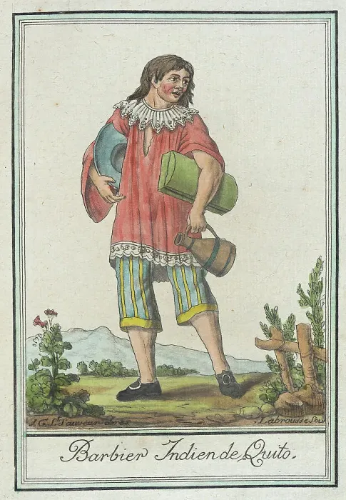 Framed Print : Costumes de Différents Pays, Barbier Indien de Quito, c1797. Creators: Jacques Grasset de Saint-Sauveur, LF Labrousse Framed Print : Costumes de Différents Pays, Barbier Indien de Quito, c1797. Creators: Jacques Grasset de Saint-Sauveur, LF Labrousse
