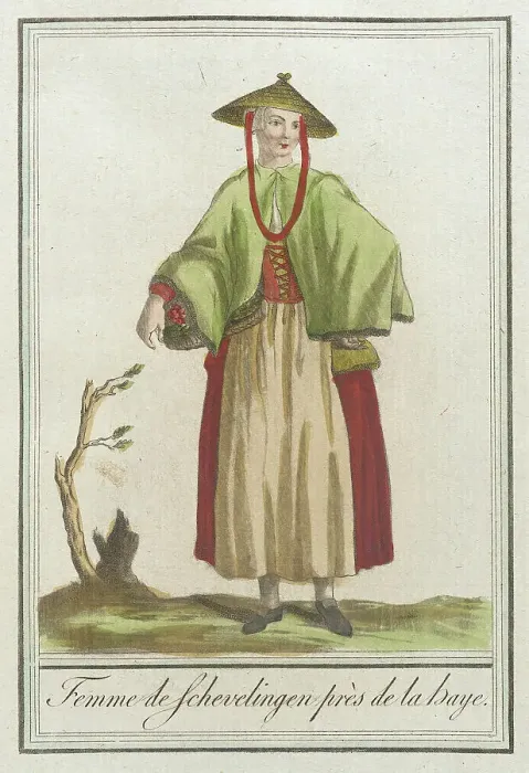 Framed Print : Costumes de Différents Pays, Femme de Schevelingen Près de la Baye, c1797. Creators: Jacques Grasset de Saint-Sauveur, LF Labrousse Framed Print : Costumes de Différents Pays, Femme de Schevelingen Près de la Baye, c1797. Creators: Jacques Grasset de Saint-Sauveur, LF Labrousse