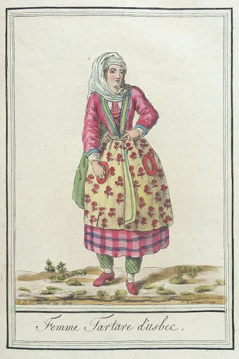 Framed Print : Costumes de Différents Pays, Femme Tartare d'Usbec, c1797. Creators: Jacques Grasset de Saint-Sauveur, LF Labrousse Framed Print : Costumes de Différents Pays, Femme Tartare d'Usbec, c1797. Creators: Jacques Grasset de Saint-Sauveur, LF Labrousse
